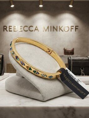 Rebecca Minkoff Gold Tone Multi Stone Geometric Open Bangle Bracelet Blue